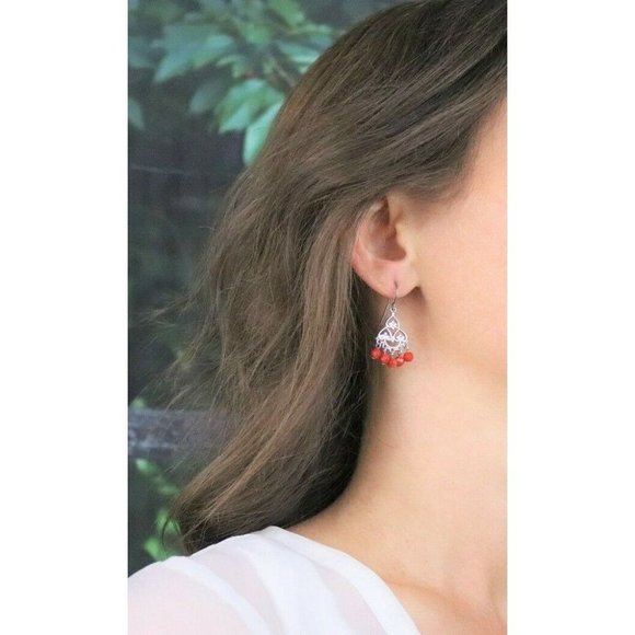 Sterling Silver Rondelle Cut Red Bead Earrings Dangle Drop Earrings - Picture 3 of 7